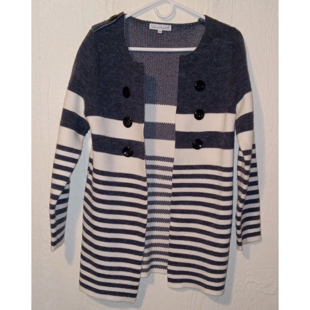 Keren Hart Cardigan Women Medium Gray White Striped Open Front Button Detail